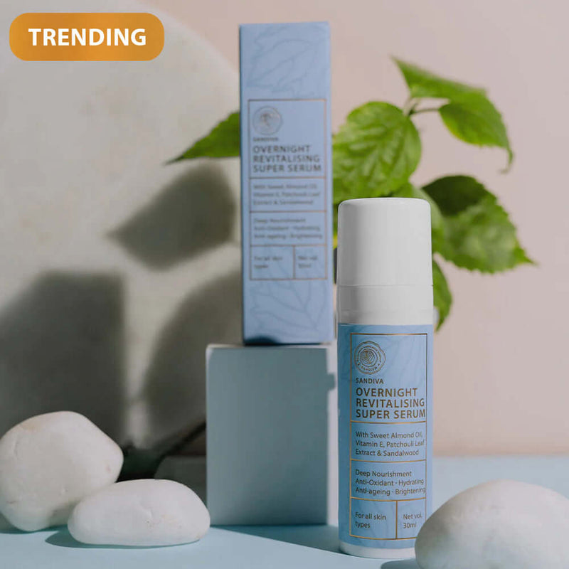 Overnight revitalizing super serum with packaging on a light background